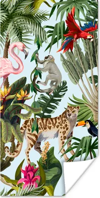 Produktbild von MuchoWow® Poster Dschungel - Tiere - Mädchen - Kinder - Jungen - Flamingo - Papagei 60x120 cm - Wandschmuck