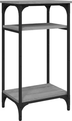 A three-tiered shelf unit with a gray wood-look finish and black metal frame, shown against a white background.