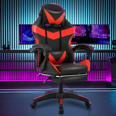 Immagine prodotto di Sedia da gaming - Design ergonomico - Schienale e poggiapiedi regolabili - Con cuscini - Nera e rossa