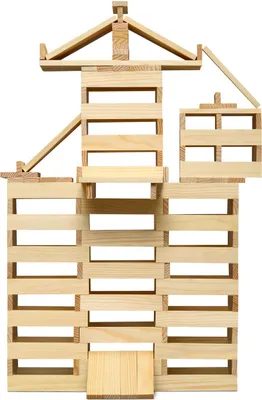 A construction of wooden blocks resembling a castle or tower.