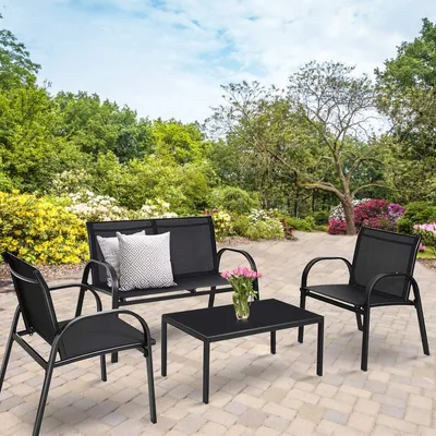 Produktbild von COSTWAY 4 tlg. Terrassenmöbel Lounge- Balkon- & Garten-Set inkl. 2 Einzelstühlen 1 Bank & 1 Couchtisch Textilene Sitzgruppe Sitzgarnitur Schwarz