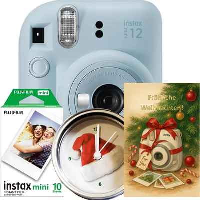Produktbild von Weihnachts-Set Fujifilm Instax Mini 12 Blau mit 10 Filmen, Grußkarte & Weihnachtsuhr – Sofortbildkamera Geschenk