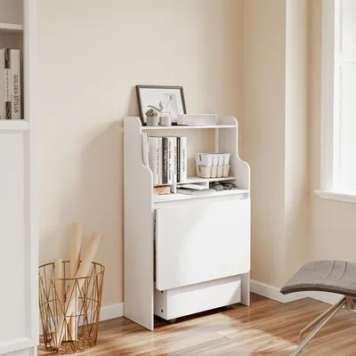 SoBuy Wandklapptisch FWT105-II-W in Weiß im Wohnzimmer mit Regalen und Stuhl