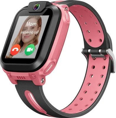 A pink and black smartwatch is displayed, showing an incoming call from 'Mom' on its screen.