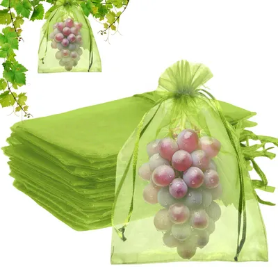 Obrázek produktu pro Ochranné sáčky na ovoce 50 kusů 20 x 30 cm, síťované organza sáčky se stahovací šňůrou na hrozny, ochrana ovoce proti hmyzu a ptákům, prodyšné, zelené