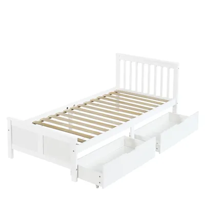 Produktbild von Einzelbett, 90x200 cm, Massivholzbett mit Kopfteil, Lattenrost und 2 Schubladen, Holzbett aus Kiefer, Jugendbett, Kinderbett