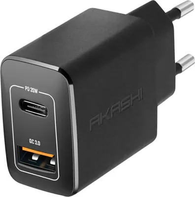 Obrázek produktu pro Duální napájecí adaptér USB-A QC 3.0 + USB-C PD 20W, Akashi - černý