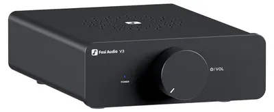A black Fosi Audio V3 stereo amplifier is shown from a three-quarter front angle on a white background.