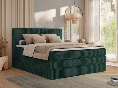 Produktbild von MKS MEBLE Boxspringbett 140x200 Dunkelgrün Cord, Boxspringbett mit Matratze H3, Bett 140x200 mit Bettkasten and Kopfteil, Doppelbett mit Stauraum, Topper T25, Polsterbett 140x200 - Tiliano King