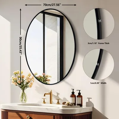 Zdjęcie produktu dla Owalne lustro ścienne - lustro do łazienki - czarna rama aluminiowa - idealne do łazienki, przedpokoju, sypialni i salonu - nowoczesny styl - 70x90 cm