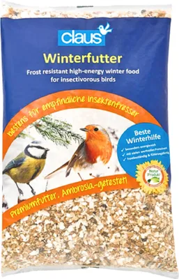 A bag of bird food with images of birds on it.