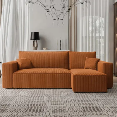 Obrázek produktu pro Rohová pohovka Mulri L Poso 40, barva měď/terakota, potah Cord, s možností rozložení na lůžko, univerzální design, úložný prostor na lůžko