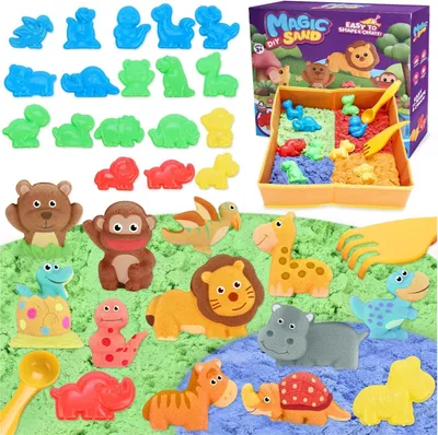 Imagen del producto de Caja de arena plegable con 796 g de arena, moldes de animales, para niños de 3-8 años, apta para uso en interiores y exteriores