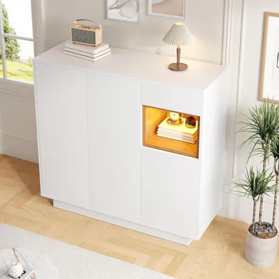 Image de MODFU Meuble à Chaussures Blanc et Bois Clair avec LED Multicolores, Rangements Réglables et Compartiments Ouverts - 105x39,5x100,5 cm