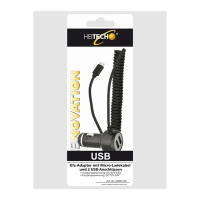 Produktbild von Heitech KFZ-ADAPTER MIT MICRO-LADEKABEL UND 2 USB-ANSCHLÜSSEN