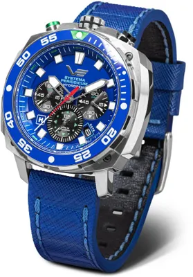 Produktbild von Vostok Europe Systema Periodicum Hydrogen Chronograph Herrenuhr inkl.2 Armbänder Blau Leder/Silikon - VK67-650A720