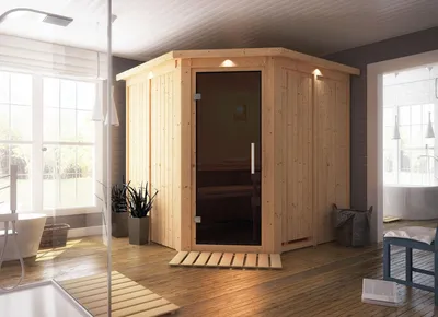 Image de Karibu Sauna Jarin (accès d'angle), porte entièrement vitrée, graphite, poêle 9 kWexterne easy