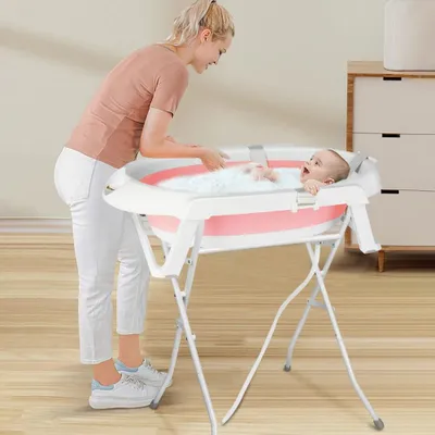 Image de Baignoire pour bébé - Baignoire pliable - Avec support - Coussin de bain - Bouchon de vidange - 0 à 6 mois - Grande taille - Plastique PP - Rose