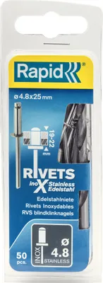 Produktbild von Packung mit 50 Edelstahlnieten, 4,8 mm Durchmesser x 25 mm Höhe, inklusive Bohrer