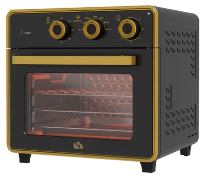 Produktbild von Schwarz+Gold Mini-Backofen 20L: Ölfreies Frittieren, Grillen, Backen mit Umluft, 1400W, Timer 90-230°C