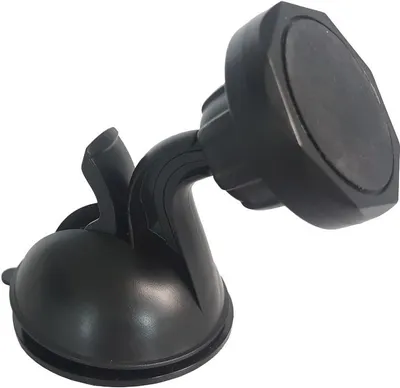 A black magnetic car mount with a suction cup base.