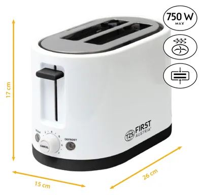 Produktbild von TZS First Austria Doppel Kurzschlitz Toaster, 2 Scheiben, weiß, 750W, 7 Stufen, Warmhalte- und Auftaufunktion, inkl. Krümelschale