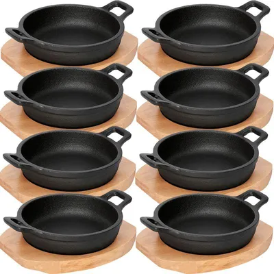 Produktbild von 8x WAS Germany Servierpfanne mit Holzuntersetzer und zwei Seitengriffen Ø 16 cm Gusseisen