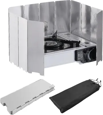 Produktbild von EXIN DEHCEN Windschutz für Gaskocher/Campingkocher mit 12 Lamellen, Leichter Faltbar Aluminium Windschutz, Camping Gaskocher Tragetasche, Outdoor