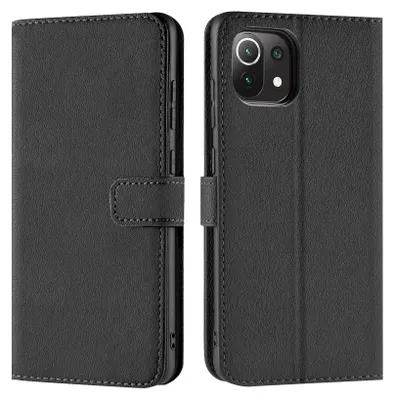 A black flip case for a smartphone is shown from two angles, open and closed.