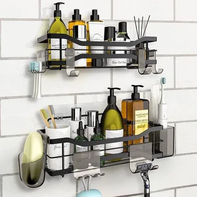 Image de Unyqoos® : Ensemble de 2 étagères de douche sans perçage, finition noir mat, en acier inoxydable, dimensions des étagères : 30 x 11 x 10 cm et 28 x 10 x 9 cm, avec crochets