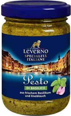 Produktbild von Leverno Pesto di Basilico 130 G Glas Vegan Glutenfrei Aus frischem Basilikum (69%) und Knoblauch