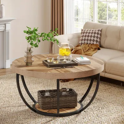Immagine prodotto di Tavolino rotondo - Tavolino da soggiorno 80 cm - Piano in legno con struttura in metallo - Stile industriale moderno - Design minimalista - Aspetto in legno