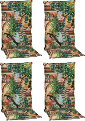 Four chair cushions with a jungle print pattern are arranged in a two-by-two grid on a white background.