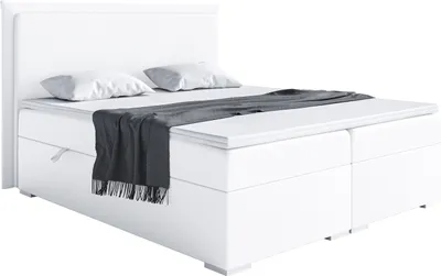 Produktbild von MEBLINI Boxspringbett mit Bettkasten - Gepolstert Doppelbett mit Matratze und Topper - Polsterbett mit Stauraum - Bett mit Kopfteil - Stauraumbett - TORESS - 140x200 - H3/Weiß Kunstleder