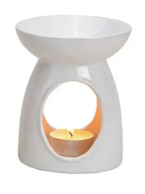 Eine weiße Keramik-Duftlampe mit breiter, schalenförmigen Oberseite und eine eiförmigen Basis.