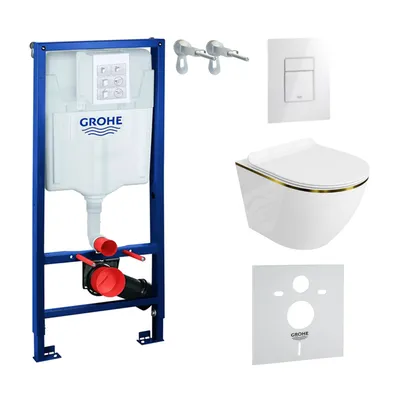Produktbild von GROHE Vorwandelement Solido + Wand Hänge WC Sofi Slim Gold Line Spülrandlos + WC-Sitz SoftClose | Glänzend Weiß Knopf | Komplettset | Unterputz Spülkasten | Toilette Komplett Sett
