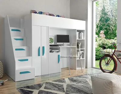 Produktbild von Etagenbett mit Schreibtisch Klára - weiß/türkisfarbene Griffe