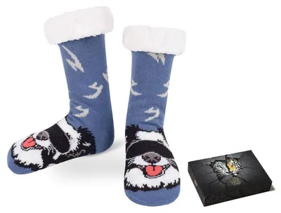 Produktbild von Kuschelsocken Herren 43-46 Rutschfest mit Geschenkbox Dicke Thermosocken Flauschig Wintersocken Hirten Hund