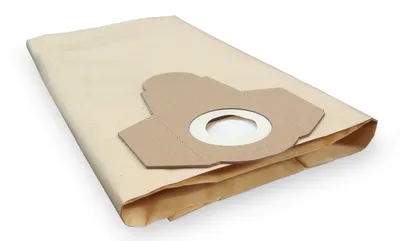 A beige vacuum cleaner bag with a brown cardboard attachment is shown on a white background.