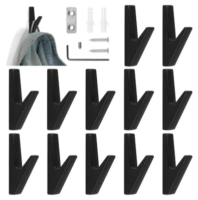 Image de Lot de 12 patères noires, crochets muraux et panneaux acoustiques en alliage de zinc pour salles de bains, cuisines, couloirs et hall d'entrée.