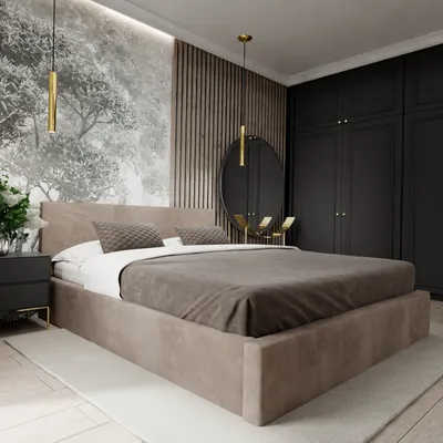 A modern bedroom with a large bed, wardrobe, and decorative elements.