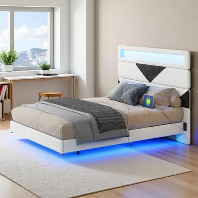 Obrázok produktu pre Plávajúca posteľ 140 x 190 cm s LED osvetlením a 2 USB portami, rám postele s lamelovým roštom, postele pre 2 osoby s čelom, béžová + čierna