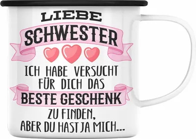 Produktbild von Trendation - Beste Schwester Geschenk Emaille Tasse Emaille Emaille Tasse Geburtstag Weihnachten Geschenkideen Schwestern Bruder Lustig (Schwarz)