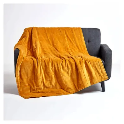 Produktbild von Wattierte Samtdecke 125x150 cm, Wohndecke senfgelb, Tagesdecke Baumwollsamt, Sofadecke gesteppt, Tagesdecke Wendedecke