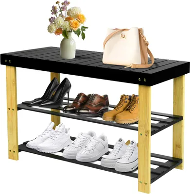 Produktbild von Schuhregal,Schuhschrank mit Sitzbank,Bambus Schuhbank mit 2 Ablagen,für Flur,Bad,Wohnzimmer,Diele 70x27x42cm