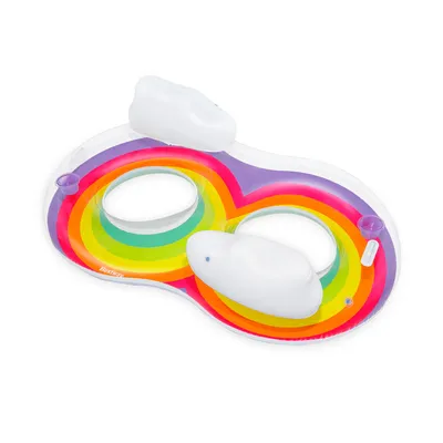 Produktbild von Bestway Schwimmring Rainbow Dreams, Ø 172 x 24 cm, 2 Personen, 180 kg Tragkraft, Regenbogen, PVC, Kopfstütze, 2 Getränkehalter, Reparaturflicken