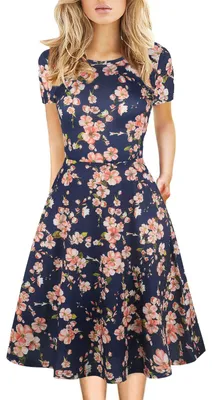 Produktbild von Lässiges Vintage-Tunikakleid für Damen mit Rundhalsausschnitt und Blumenmuster A