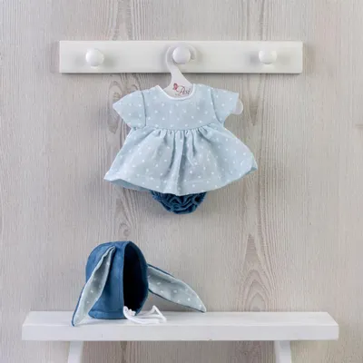 Produktbild von Asi Puppenkleidung - blaues Punkt-Outfit mit Hasenohren-Mütze