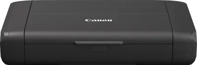 A black Canon PIXMA TR150 printer is shown from the front on a white background.