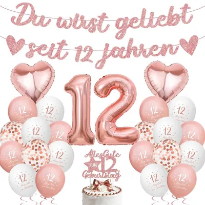 Immagine prodotto di Decorazioni per il 12° compleanno di una bambina, color rosa oro: palloncini, ghirlanda, decorazioni per la torta, striscione, palloncino gigante con numeri